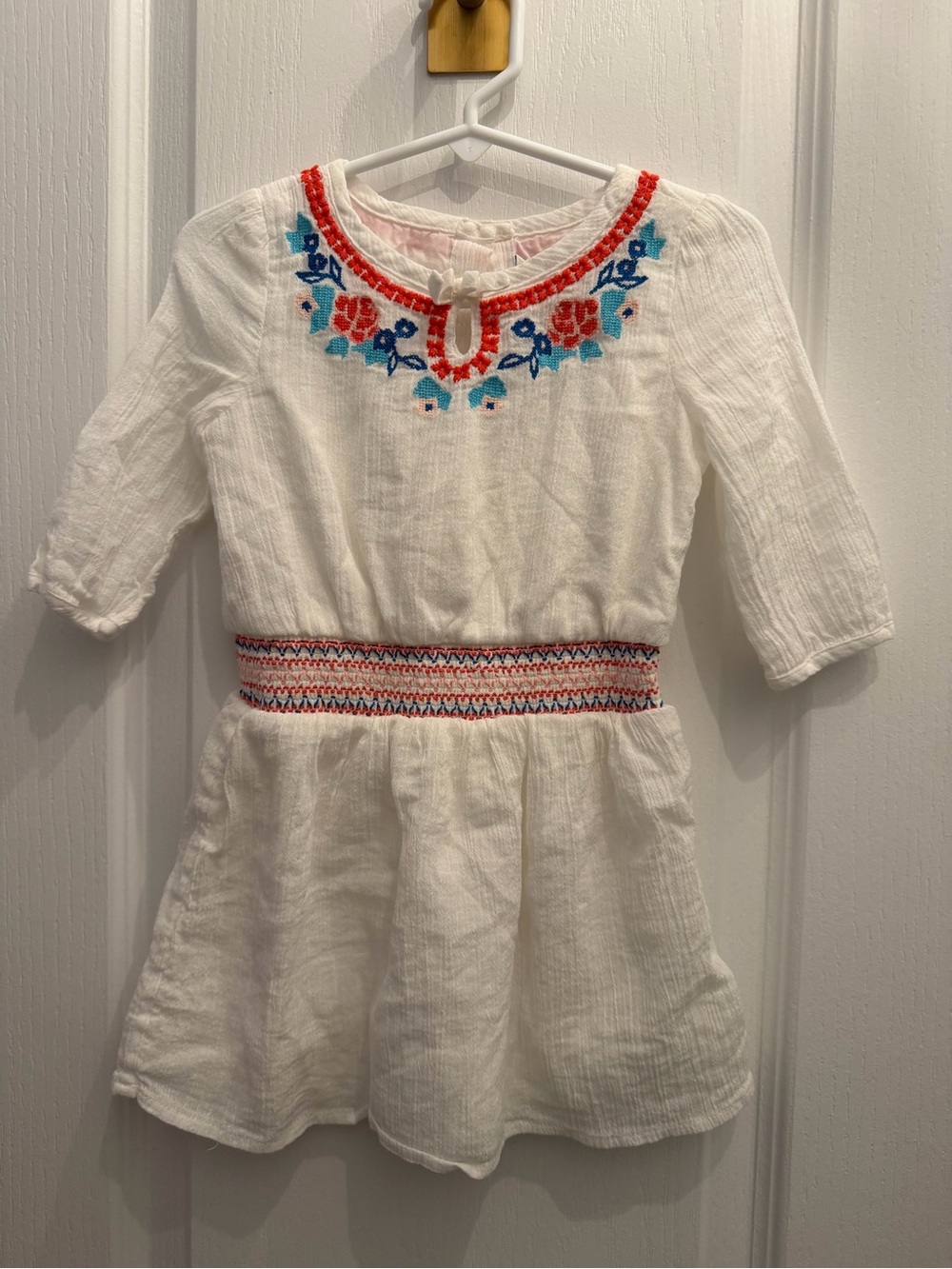 Janie and Jack Girls White Embroidered Waist Dress - Red & Blue Accents